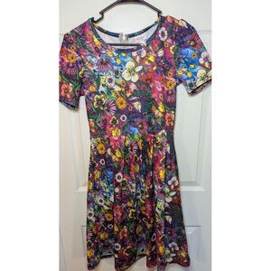 LuLaRoe Amelia Unicorn Floral Alice in Wonderland Stretch Dress, Size Small
